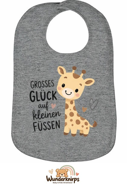 Baby-Lätzchen Olli-01 in Grau meliert mit Motiv Großes Glück – Giraffe