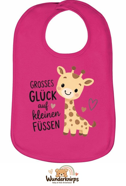 Baby-Lätzchen Olli-01 in Pink mit Motiv Großes Glück – Giraffe