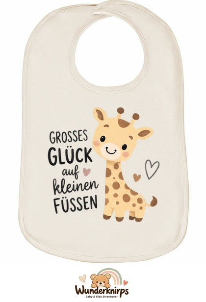Baby-Lätzchen Olli-01 in Natur mit Motiv Großes Glück – Giraffe