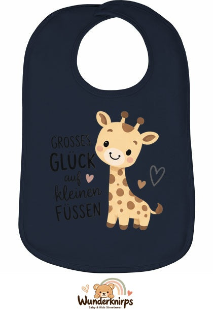 Baby-Lätzchen Olli-01 in Marineblau mit Motiv Großes Glück – Giraffe