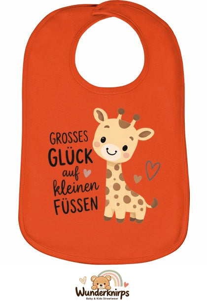 Baby-Lätzchen Olli-01 in Orange mit Motiv Großes Glück – Giraffe