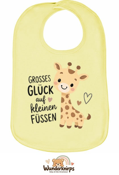 Baby-Lätzchen Olli-01 in Pastellgelb mit Motiv Großes Glück – Giraffe