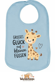 Baby-Lätzchen Olli-01 in Pastellblau mit Motiv Großes Glück – Giraffe