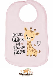 Baby-Lätzchen Olli-01 in Pastellrosa mit Motiv Großes Glück – Giraffe