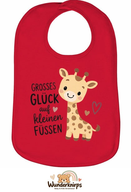 Baby-Lätzchen Olli-01 in Rot mit Motiv Großes Glück – Giraffe