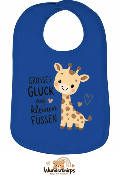 Baby-Lätzchen Olli-01 in Royalblau mit Motiv Großes Glück – Giraffe