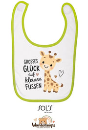 Baby-Lätzchen SOL’S Babib in Weiß / Apfelgrün mit Motiv Großes Glück – Giraffe
