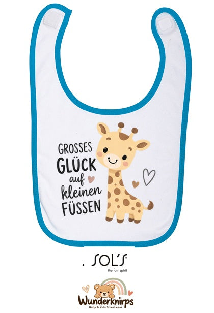 Baby-Lätzchen SOL’S Babib in Weiß / Aqua mit Motiv Großes Glück – Giraffe