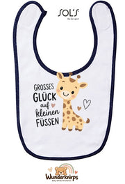 Baby-Lätzchen SOL’S Babib in Weiß / Marineblau mit Motiv Großes Glück – Giraffe
