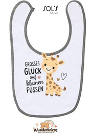 Baby-Lätzchen SOL’S Babib in Weiß / Grau meliert mit Motiv Großes Glück – Giraffe
