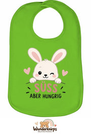 Baby-Lätzchen Olli-01 in Apfelgrün mit Motiv Süß, aber hungrig – Hase