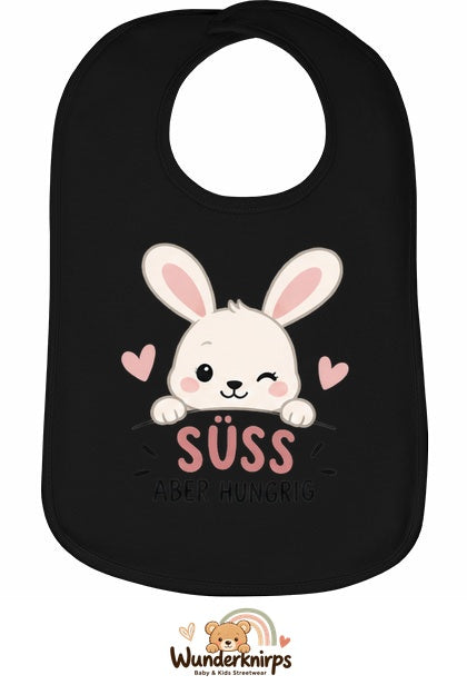 Baby-Lätzchen Olli-01 in Schwarz mit Motiv Süß, aber hungrig – Hase