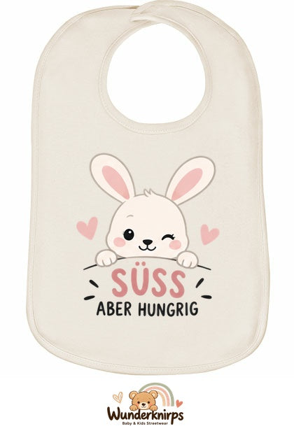 Baby-Lätzchen Olli-01 in Natur mit Motiv Süß, aber hungrig – Hase