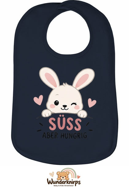 Baby-Lätzchen Olli-01 in Marineblau mit Motiv Süß, aber hungrig – Hase