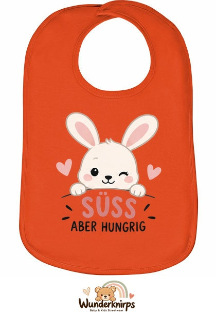 Baby-Lätzchen Olli-01 in Orange mit Motiv Süß, aber hungrig – Hase