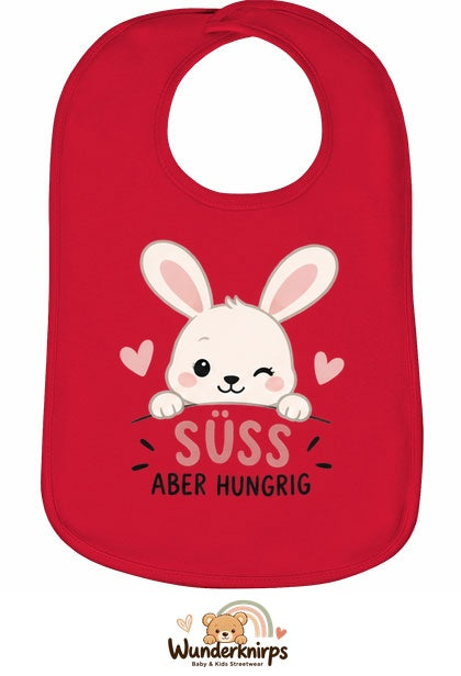 Baby-Lätzchen Olli-01 in Rot mit Motiv Süß, aber hungrig – Hase