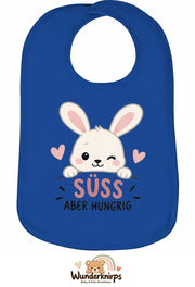 Baby-Lätzchen Olli-01 in Royalblau mit Motiv Süß, aber hungrig – Hase