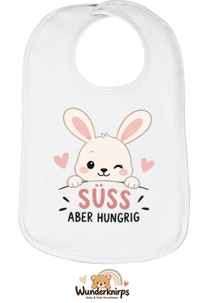 Baby-Lätzchen Olli-01 in Weiß mit Motiv Süß, aber hungrig – Hase