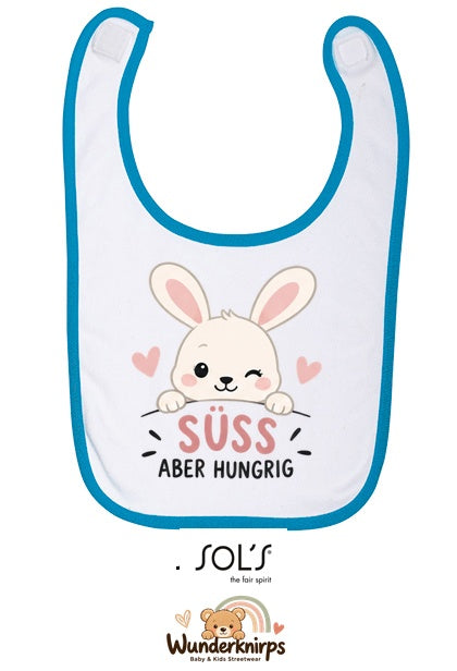 Baby-Lätzchen SOL’S Babib in Weiß / Aqua mit Motiv Süß, aber hungrig – Hase