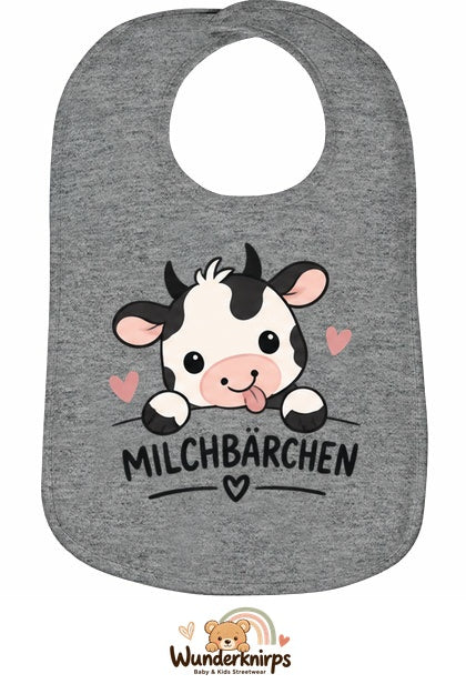 Baby-Lätzchen Olli-01 in Grau meliert mit Motiv Milchbärchen – Kuh