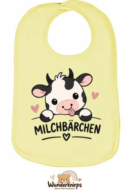 Baby-Lätzchen Olli-01 in Pastellgelb mit Motiv Milchbärchen – Kuh