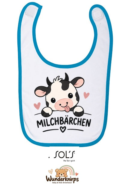 Baby-Lätzchen SOL’S Babib in Weiß / Aqua mit Motiv Milchbärchen – Kuh