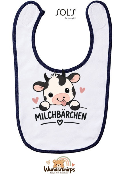 Baby-Lätzchen SOL’S Babib in Weiß / Marineblau mit Motiv Milchbärchen – Kuh