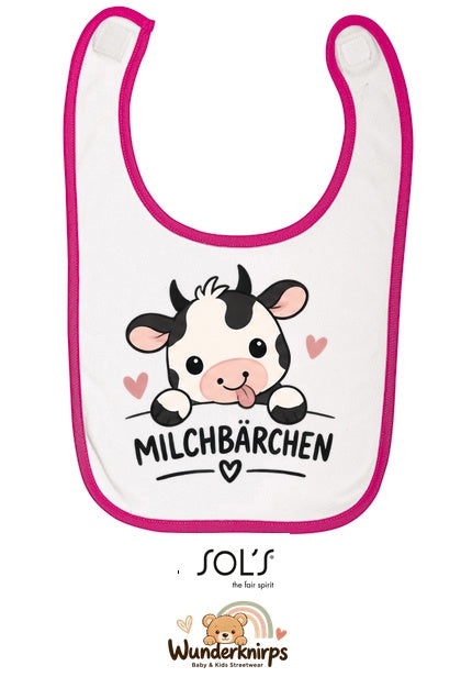 Baby-Lätzchen SOL’S Babib in Weiß / Fuchsia mit Motiv Milchbärchen – Kuh
