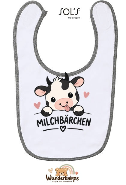 Baby-Lätzchen SOL’S Babib in Weiß / Grau meliert mit Motiv Milchbärchen – Kuh