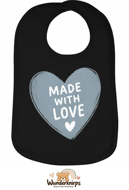 Baby-Lätzchen Olli-01 in Schwarz mit Motiv Made with Love – Herz