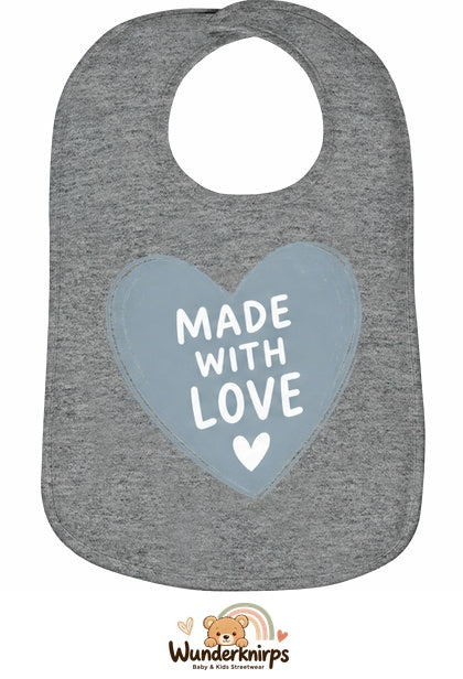 Baby-Lätzchen Olli-01 in Grau meliert mit Motiv Made with Love – Herz