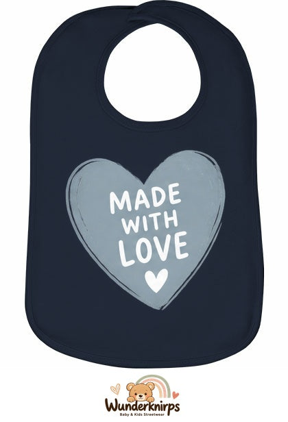 Baby-Lätzchen Olli-01 in Marineblau mit Motiv Made with Love – Herz