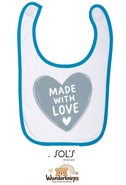 Baby-Lätzchen SOL’S Babib in Weiß / Aqua mit Motiv Made with Love – Herz