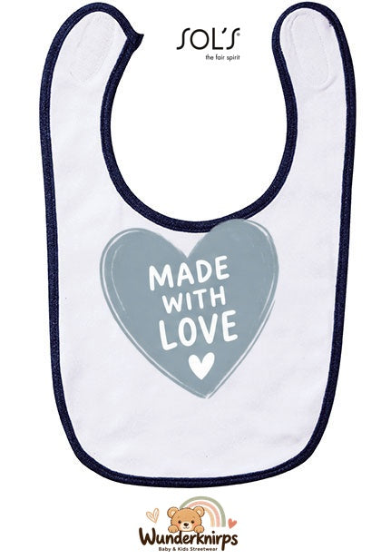 Baby-Lätzchen SOL’S Babib in Weiß / Marineblau mit Motiv Made with Love – Herz