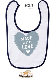 Baby-Lätzchen SOL’S Babib in Weiß / Marineblau mit Motiv Made with Love – Herz