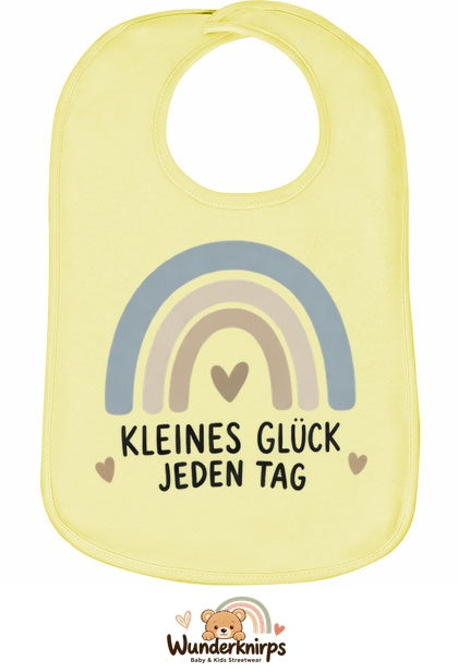 Baby-Lätzchen Olli-01 in Pastellgelb mit Motiv Kleines Glück – Regenbogen