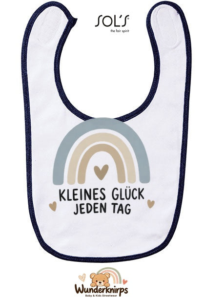Baby-Lätzchen SOL’S Babib in Weiß / Marineblau mit Motiv Kleines Glück – Regenbogen