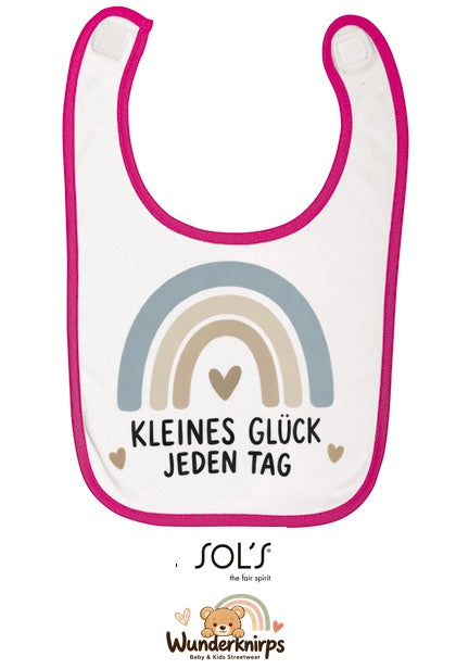 Baby-Lätzchen SOL’S Babib in Weiß / Fuchsia mit Motiv Kleines Glück – Regenbogen