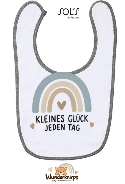 Baby-Lätzchen SOL’S Babib in Weiß / Grau meliert mit Motiv Kleines Glück – Regenbogen