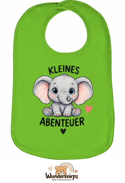 Baby-Lätzchen Olli-01 in Apfelgrün mit Motiv Kleines Abenteuer – Elefant