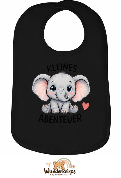 Baby-Lätzchen Olli-01 in Schwarz mit Motiv Kleines Abenteuer – Elefant