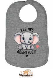 Baby-Lätzchen Olli-01 in Grau meliert mit Motiv Kleines Abenteuer – Elefant