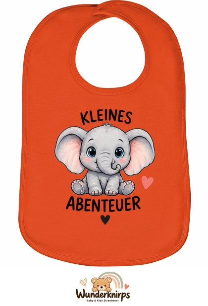Baby-Lätzchen Olli-01 in Orange mit Motiv Kleines Abenteuer – Elefant