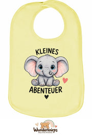 Baby-Lätzchen Olli-01 in Pastellgelb mit Motiv Kleines Abenteuer – Elefant