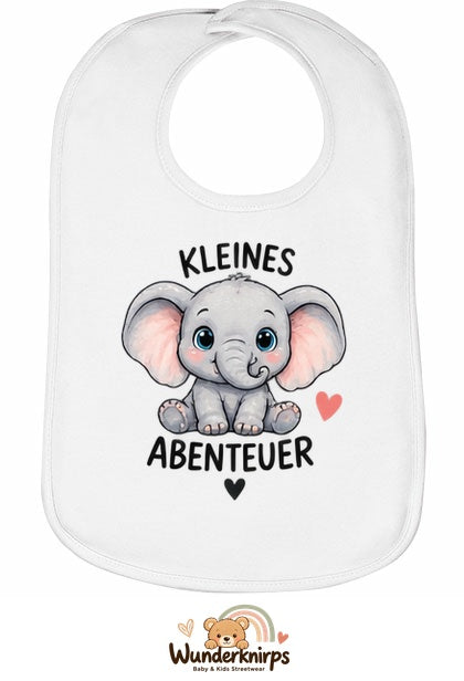 Baby-Lätzchen Olli-01 in Weiß mit Motiv Kleines Abenteuer – Elefant