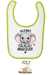Baby-Lätzchen SOL’S Babib in Weiß / Apfelgrün mit Motiv Kleines Abenteuer – Elefant