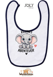 Baby-Lätzchen SOL’S Babib in Weiß / Marineblau mit Motiv Kleines Abenteuer – Elefant
