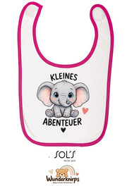Baby-Lätzchen SOL’S Babib in Weiß / Fuchsia mit Motiv Kleines Abenteuer – Elefant