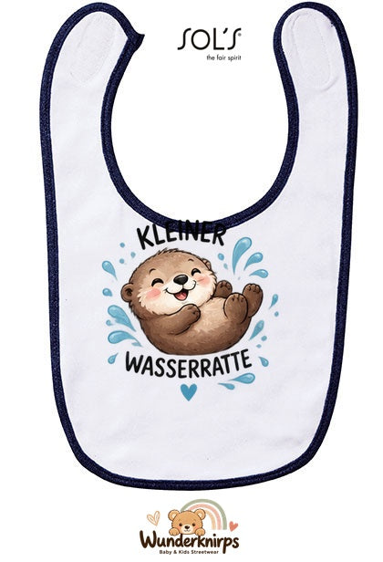 Baby-Lätzchen SOL’S Babib in Weiß / Marineblau mit Motiv Kleine Wasserratte – Otter