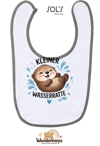 Baby-Lätzchen SOL’S Babib in Weiß / Grau meliert mit Motiv Kleine Wasserratte – Otter
